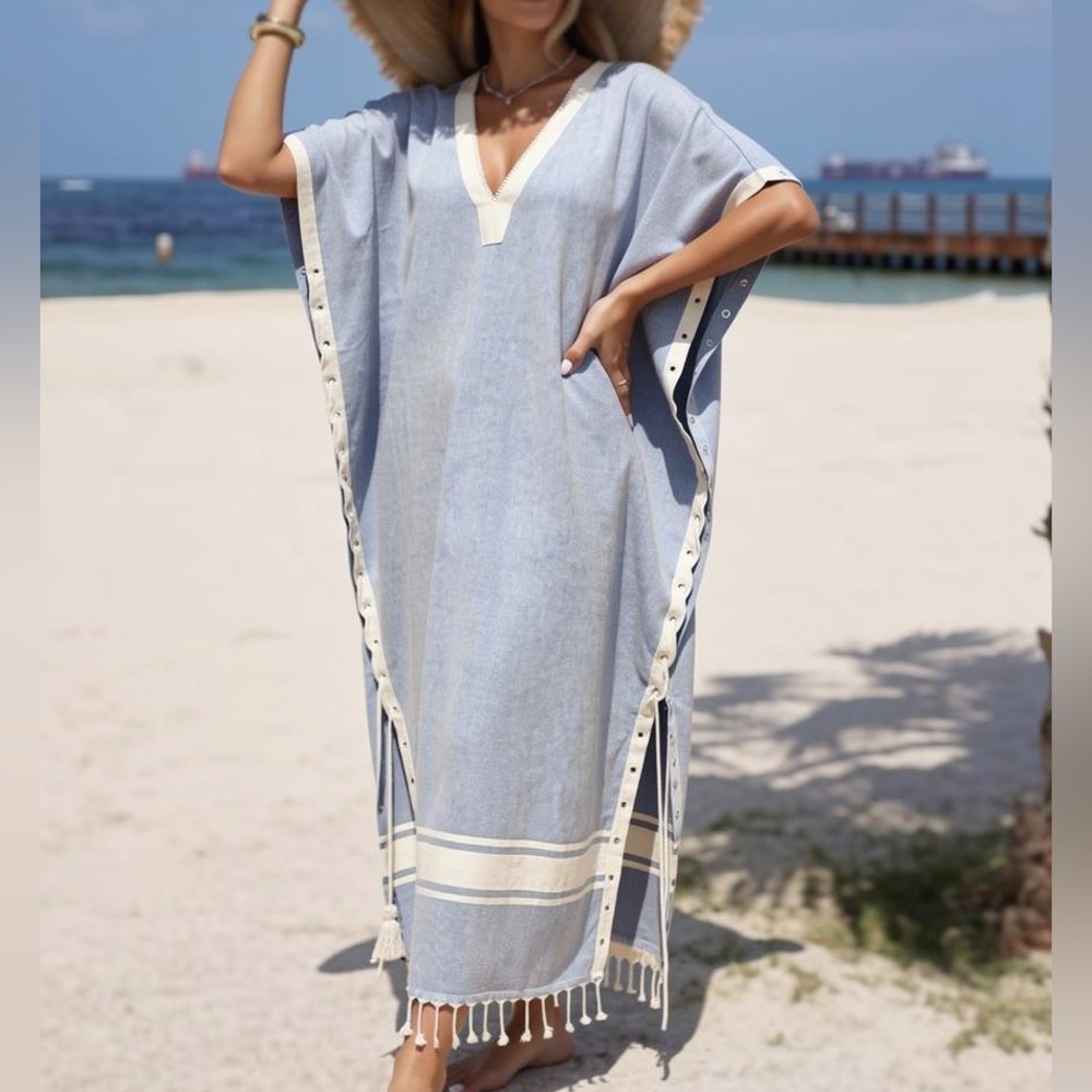 KOZA Cotton Blue Striped Lace Up Kaftan Poncho Cover Up Dress